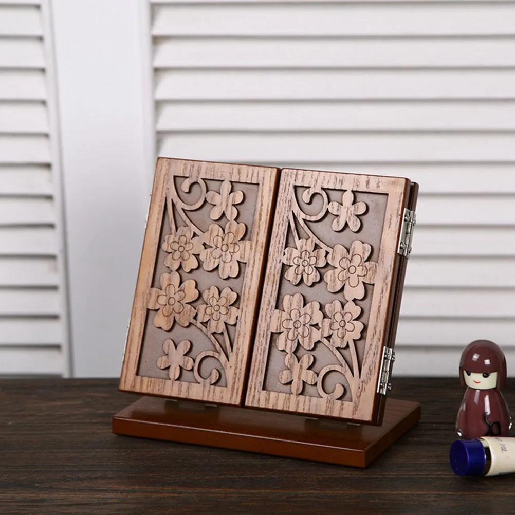 

Vintage Wooden Trifold Foldable Makeup Mirror with Carved Design Durable Desktop Mirror for Women Clear Smooth Surface