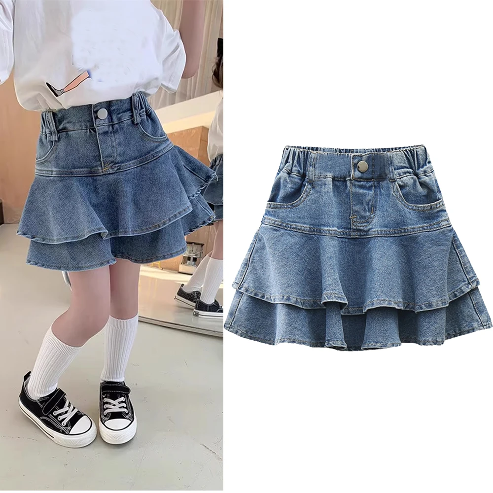 Autumn Girls Denim Tutu Skirts Children's Sweet Double Layer Ruffles High Waist Jean Skirt Shorts Mini Pleated Skort 2-12y