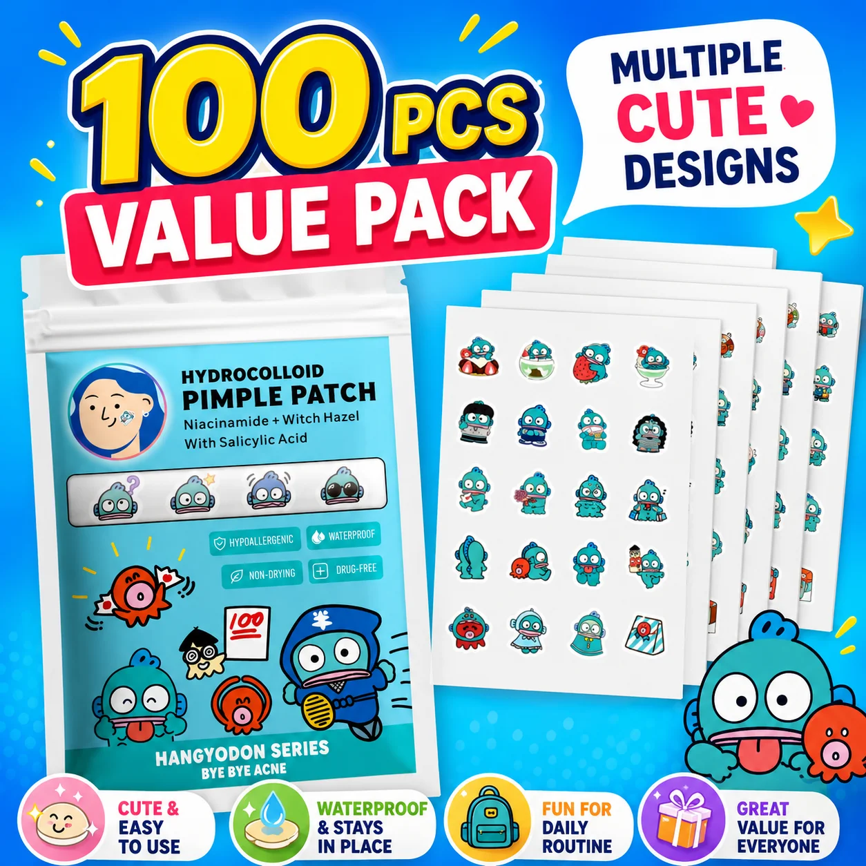 100pcsAesthetic Hangyodon Character Spot Patches Waterproof Hydrocolloid Face Stickers