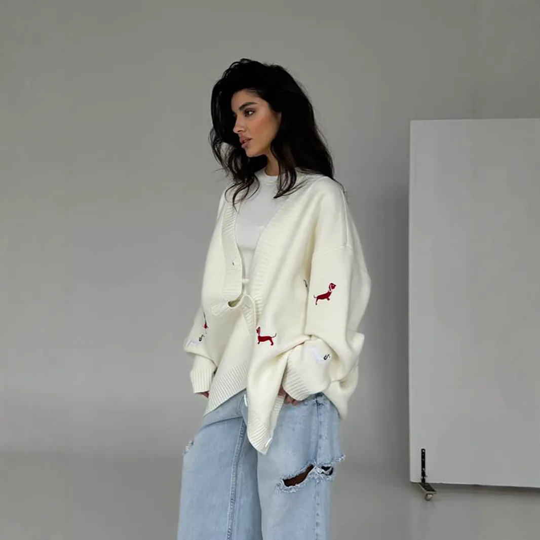 Kardigan Uniwersalny Długi Rękaw Dekolt w Serek Top 2025 Nowa Jesienna Modna Damska Sweterka Casual z Haftem Psa Rasy Dachshund