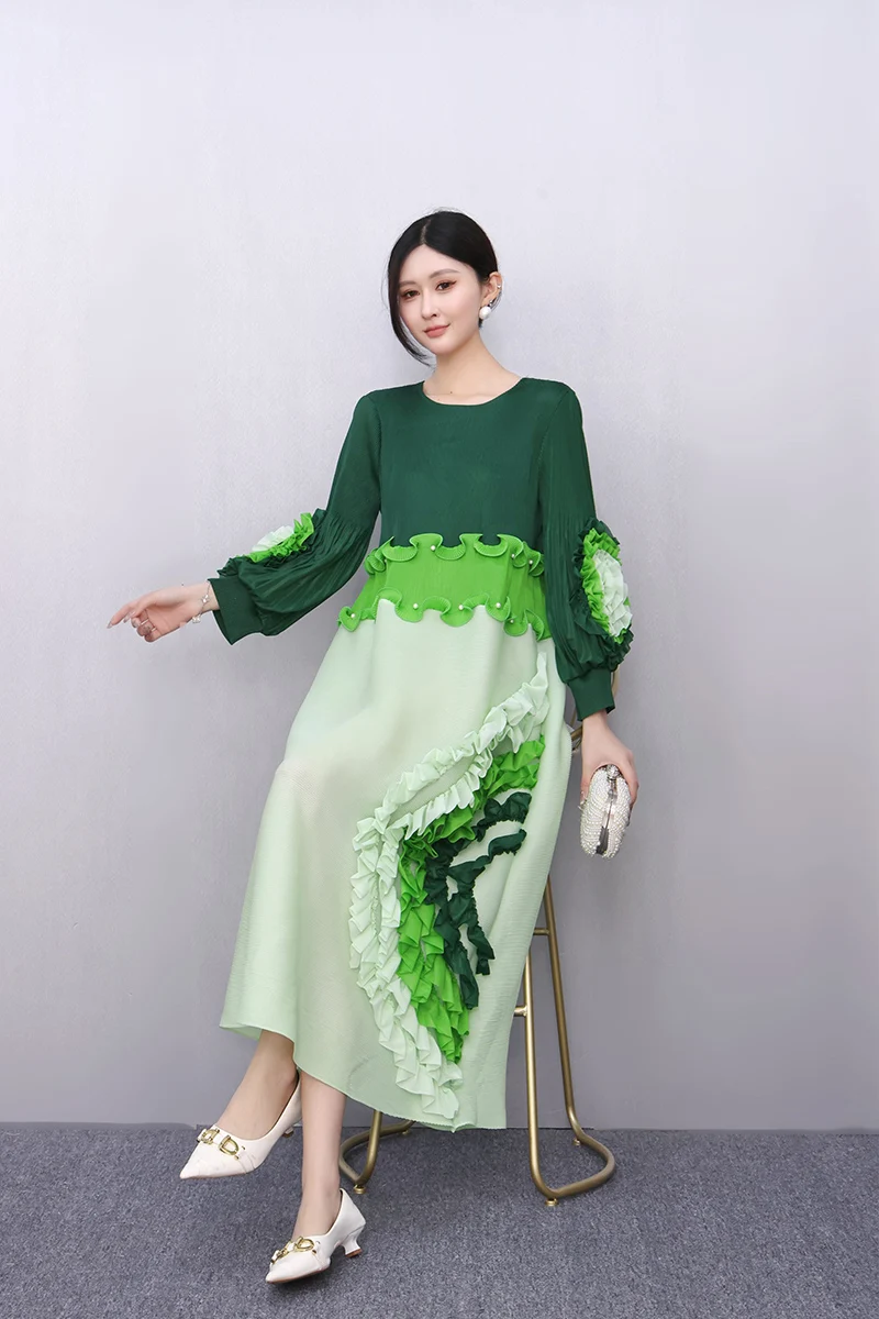 2025 Wiosna Lato Moda Elegancka Elastyczność Liść Lotosu Krawędź Luźne Długie Sukienki Damskie Sukienka z długim rękawem Hurtownia J1084