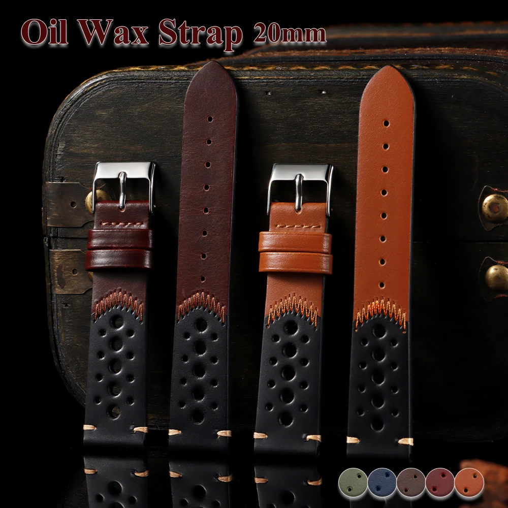 النفط الشمع حزام الساعات 20 مللي متر خمر جلد البقر تنفس حزام ساعة اليد ل Seiko ل رولكس سوار العالمي معصمه للرجال النساء