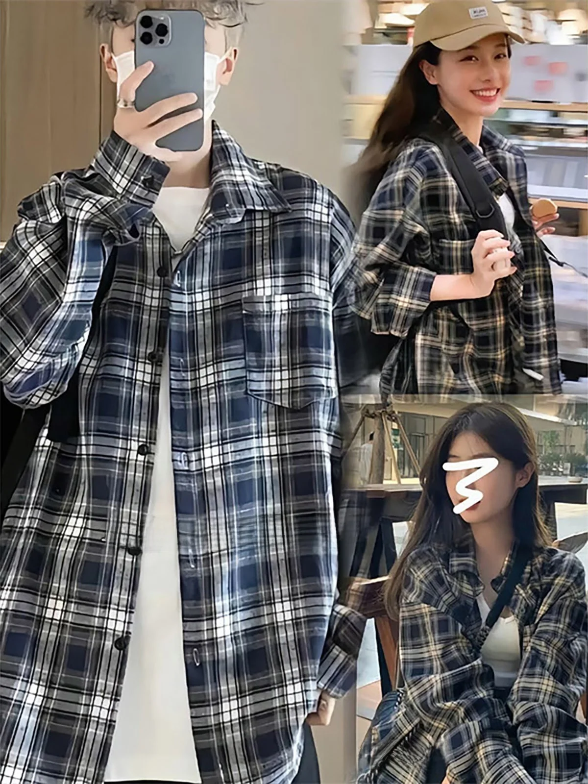 Retro Blue And White Plaid Long Sleeve Shirt Men's Lightweight Outerwear Collared Youthful Summer Fashion Loose Fit Casual Wear