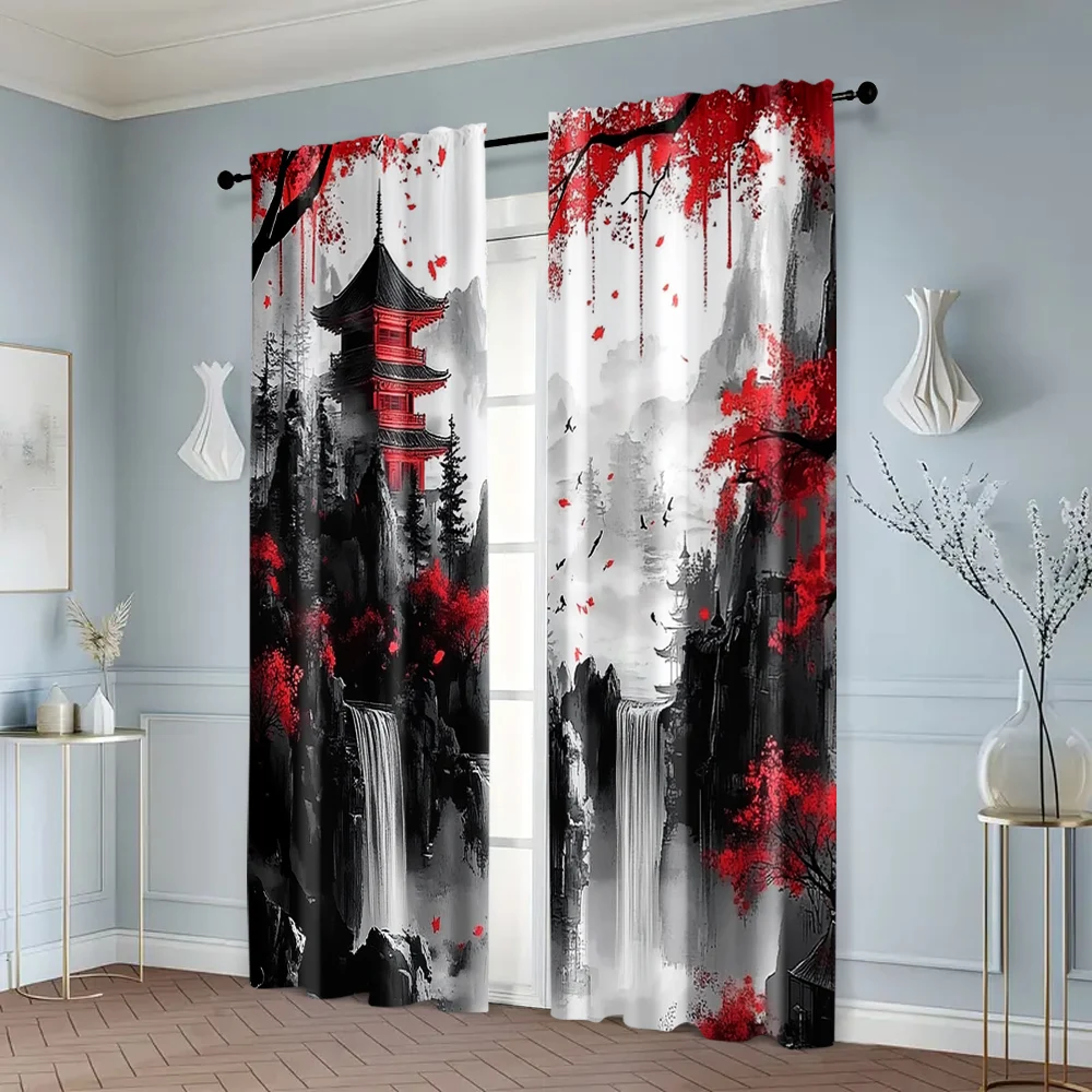

2pcs, Window Curtain print Japanese Mountain Ink Painting 100% Polyester (without rod) Art Deco Festive for Living Room &