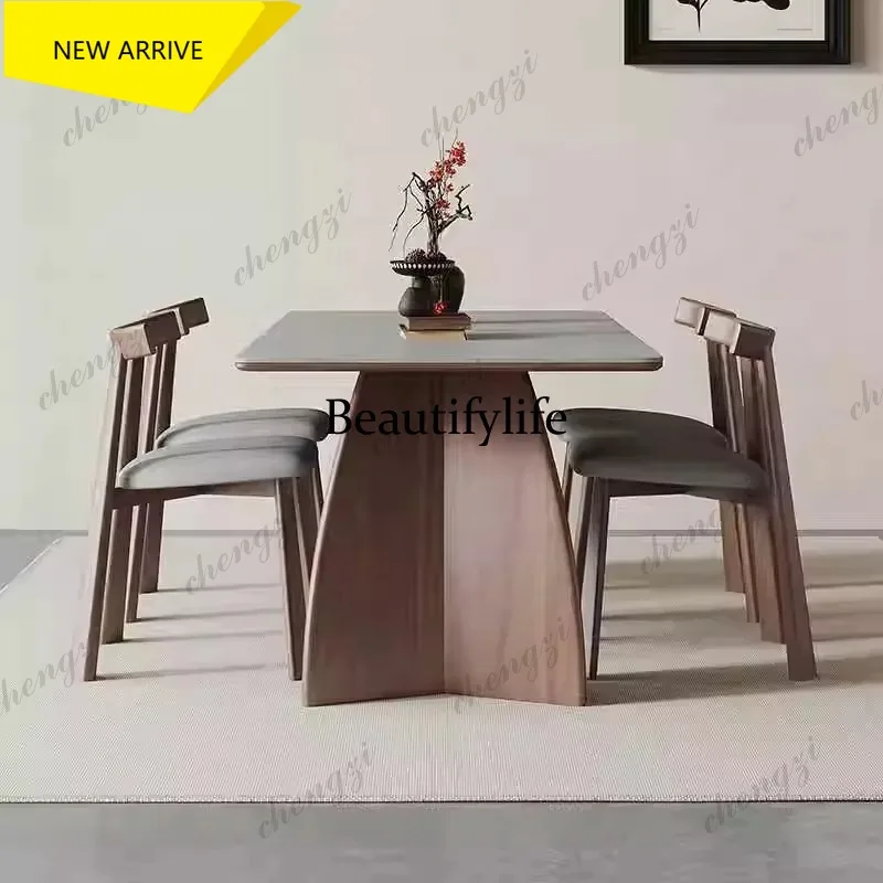Z138  Minimalist Slate Solid Wood Legs Dining Set Sintered Stone Table Top Rectangular Dining Table for Home Resale Business
