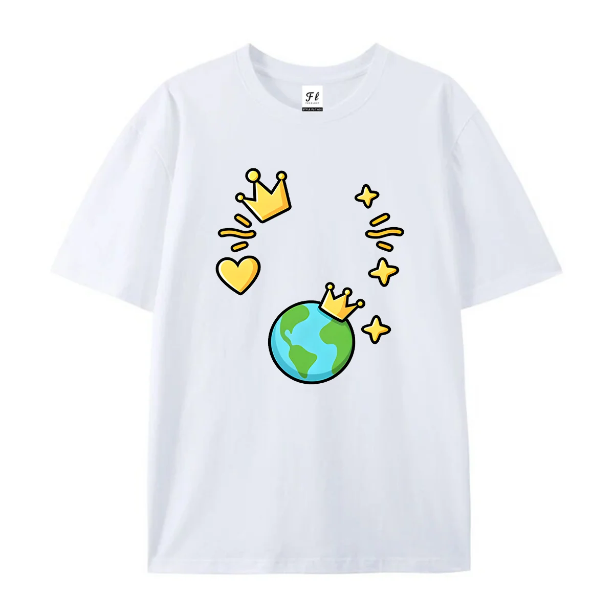Women Men Cute Cartoon Earth Crown Heart Star Graphic T Shirt Summer Casual Short Sleeve Cotton Tee Lovely Planet Print Top
