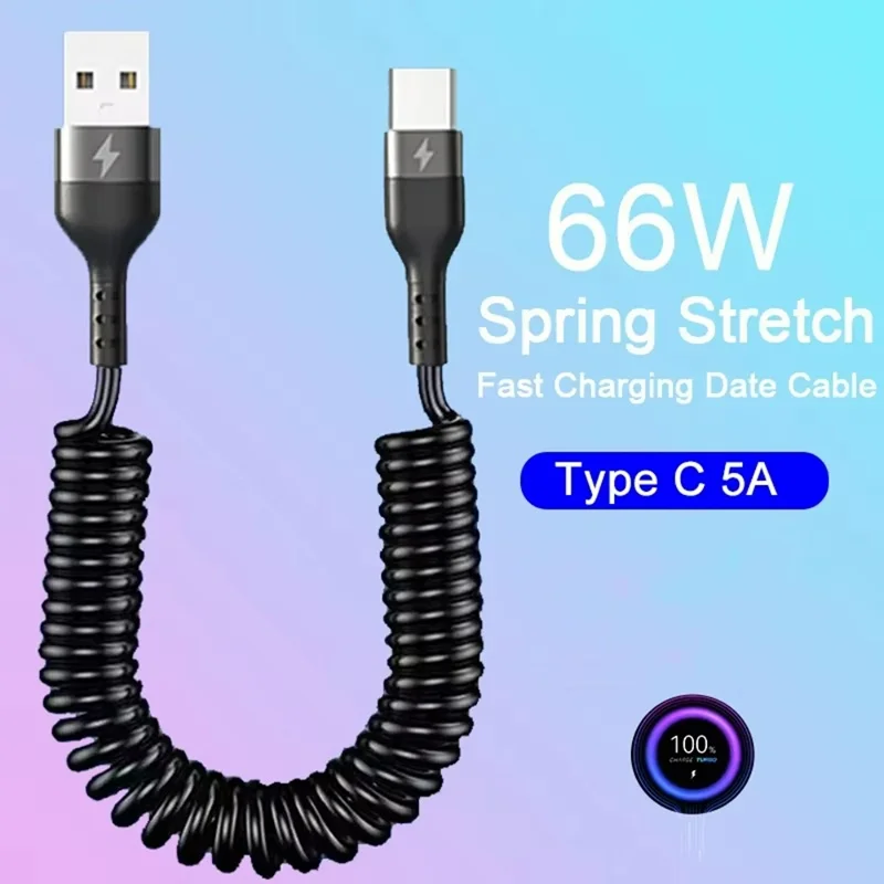 5A 66W USB Type-C Spring Telescopic Data Cable Car USB Fast Charging Data Charging Cable Accessories For iPhone Xiaomi OnePlus