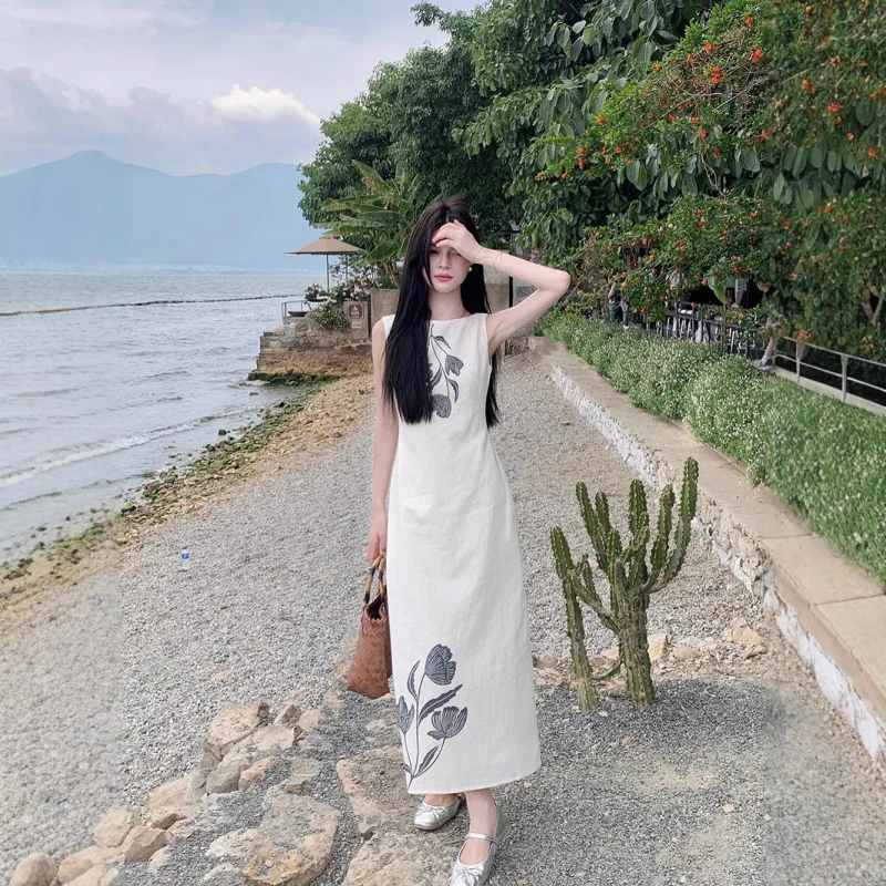 

Новая женская одежда в китайском стиле, элегантное платье с ретро-принтом, летний нишевый дизайн, повседневный стиль для отпуска, длинное платье без рукавов.