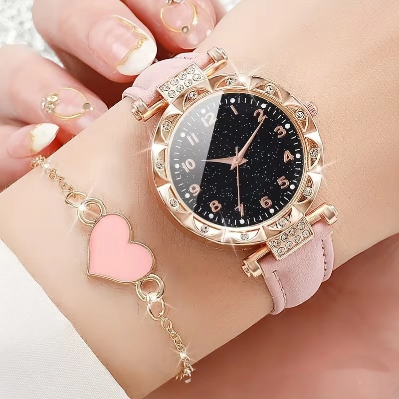 2PCS/Set Fashion Rhinestone Women's Quartz Watch Analog PU Leather Band Wrist Watch Clock Heart Bracelet Watch Party Girl's Gift
