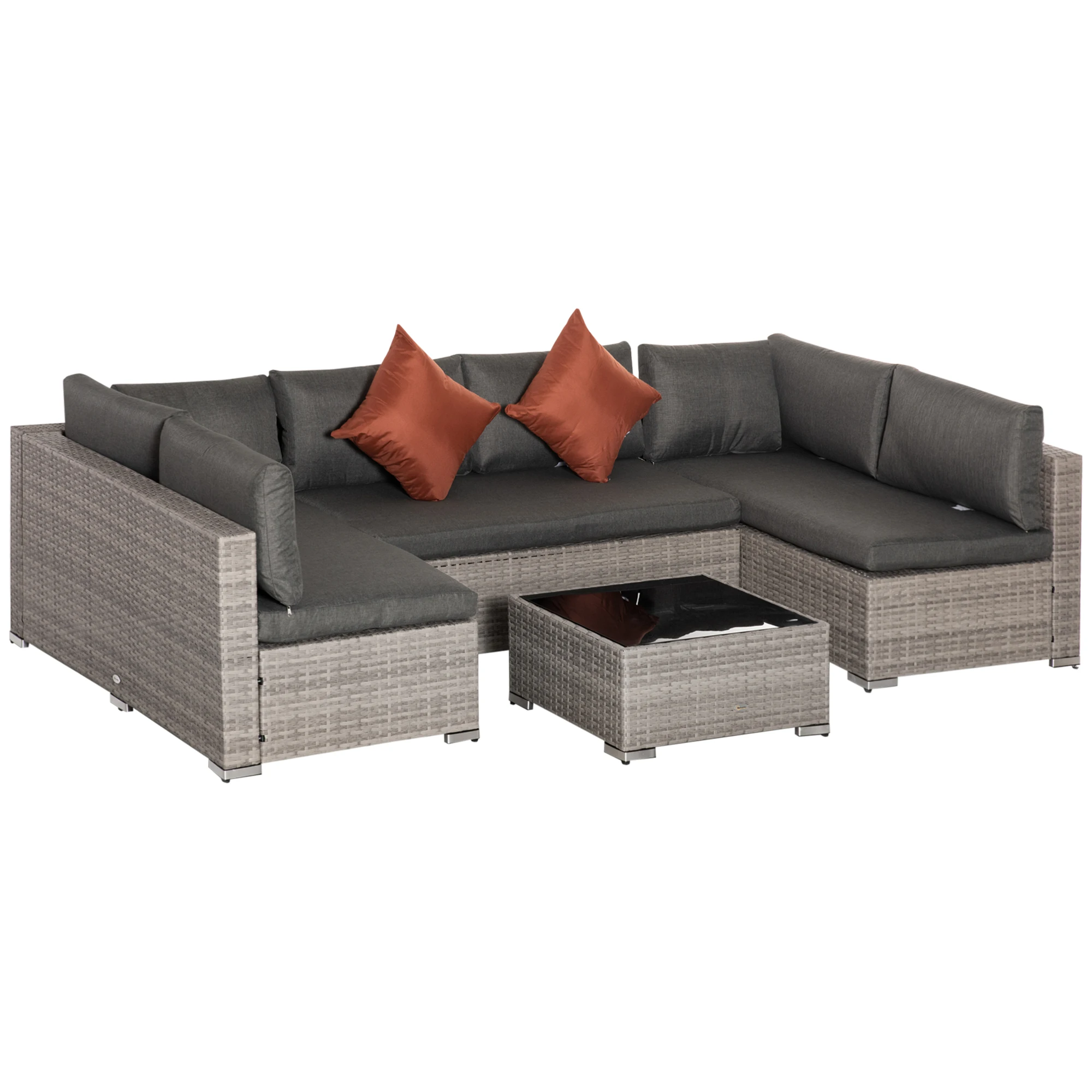 Outsunny rattan garden furniture set glass table double sofa and 2 corner sofas with gray removable cushions