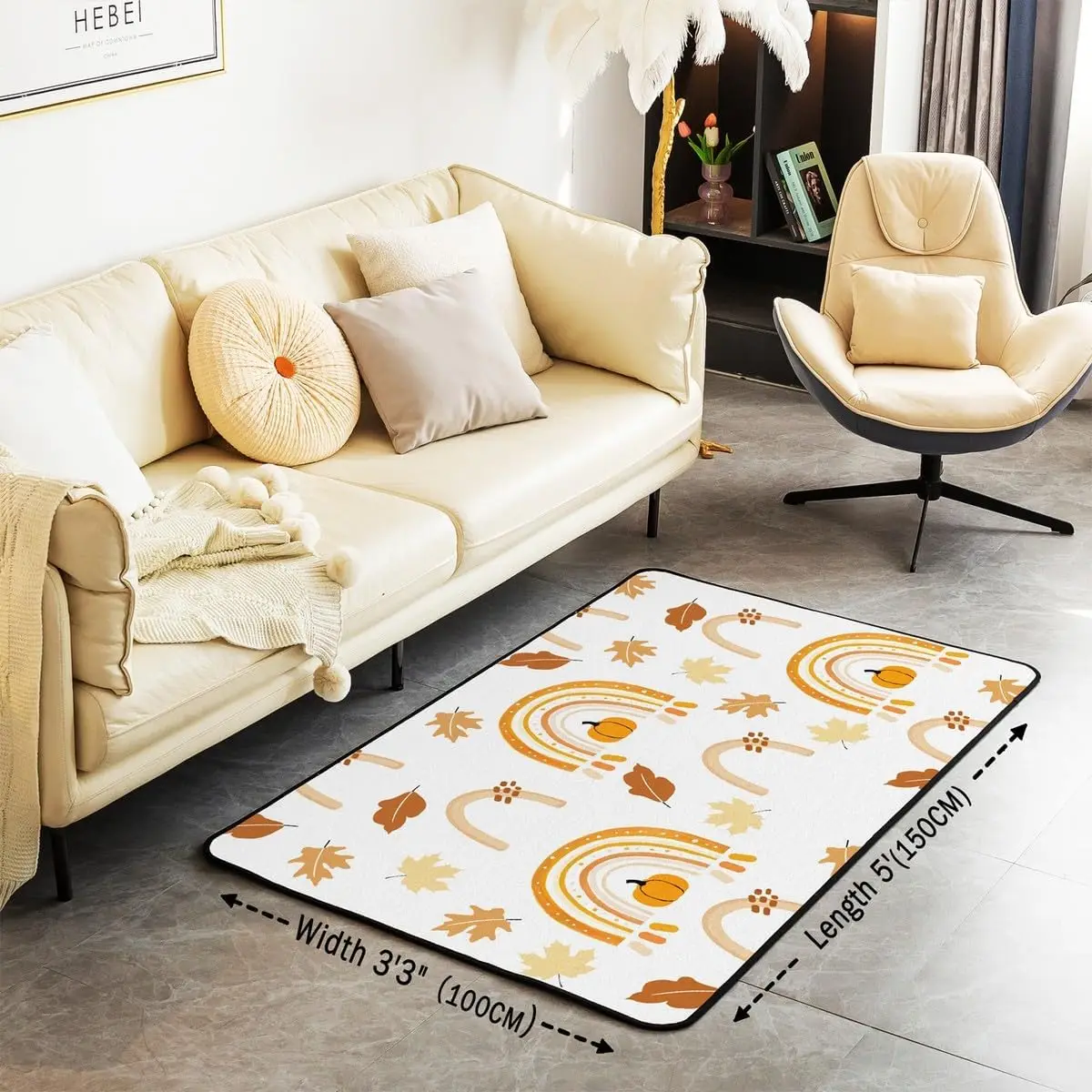 Rainbow Pumpkin Area Rugs for Living Room Thanksgiving Autumn Harvest Non Slip Rug | Maple Leaves Fall Carpet Geometric Art