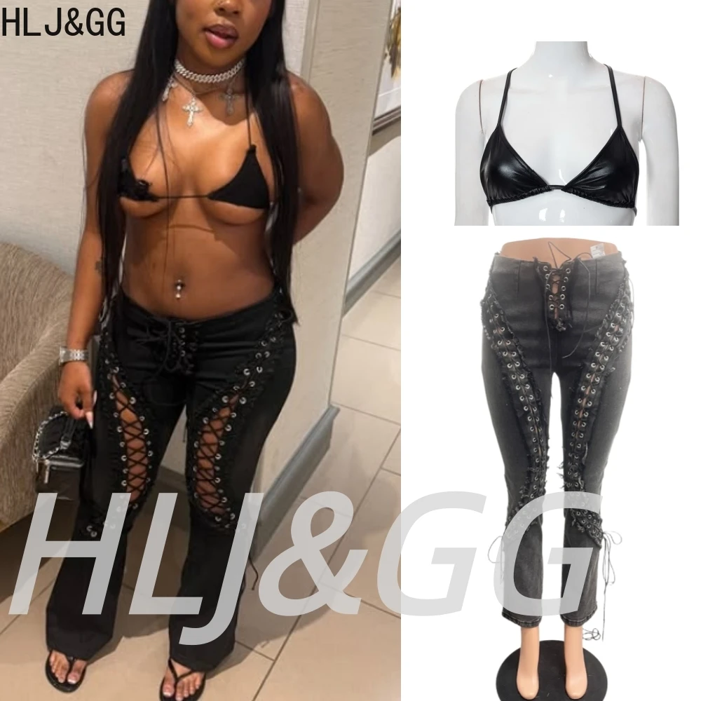 HLJ&GG Sexy Bandage Hollow Jeans Pants Two Piece Sets Women Halter V Neck Lace Up Crop Top And Denim Pants Outfits Streetwear