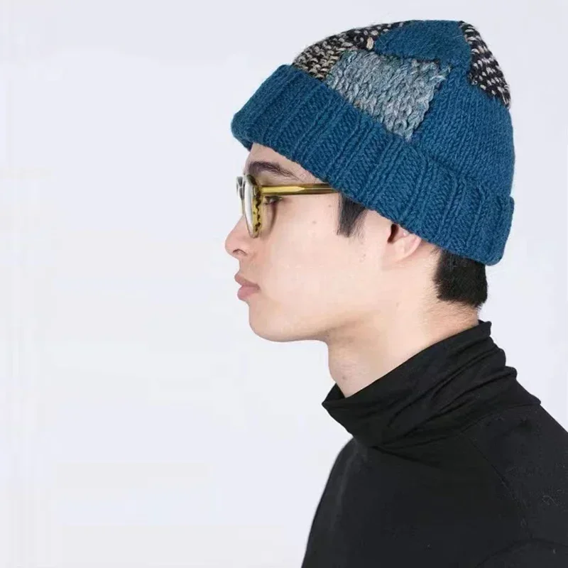 Kapital Japan Casual Handmade Men\'s and Women\'s Knitted Wool Blended Retro Stitching Geometric Color Block Adjustable Warm Hat