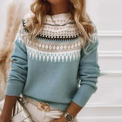 Retro żakardowy nadruk dzianina sweter damski jesień elegancki O Neck dzianinowy top sweter zimowa z długim rękawem ciepła odzież damska