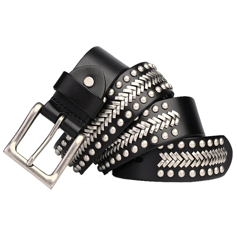 

3.8CM Fashion Unique Design Alloy Nails Rivet Belts Top Quality Cowhide Real Genuine Leather Jeans Belt Punk Strap