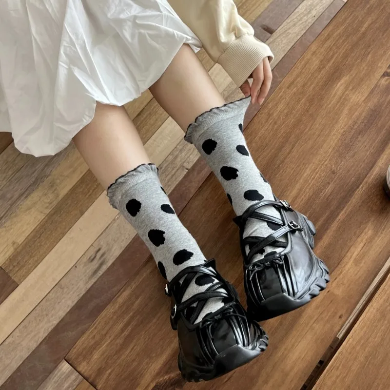 Moda coreana dulce chica JK Lolita Kawaii calcetines con volantes Retro lunares calcetines mujeres Harajuku algodón medio tubo calcetines