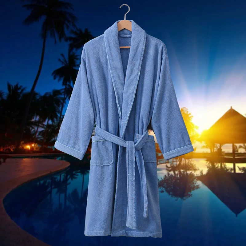 Cotton  Bathrobe Men Nightgown  XL Women Sleepwear Girls Boys Fleece Lovers Long Soft blue spring summer autumn