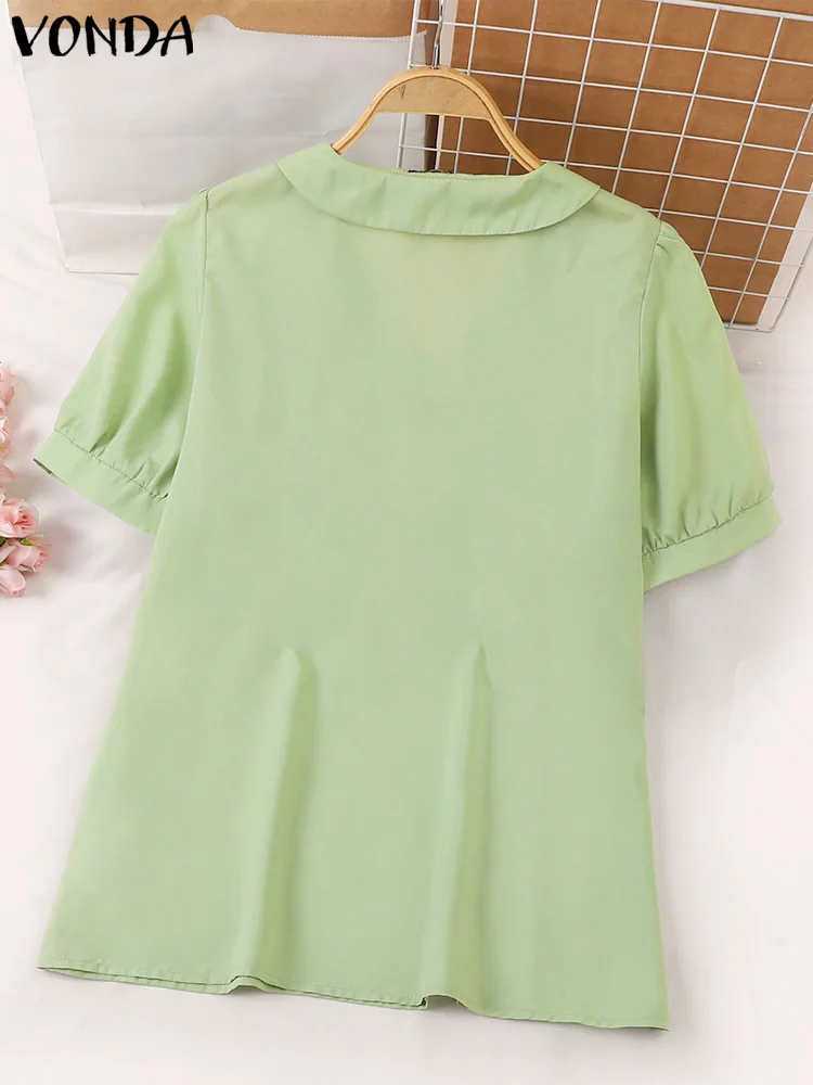 Women Summer Blouses Elegant Solid Color Shirts VONDA 2024 Short Puff Sleeve Lapel Casual Tunic Tops Fashion Blusas Femininas