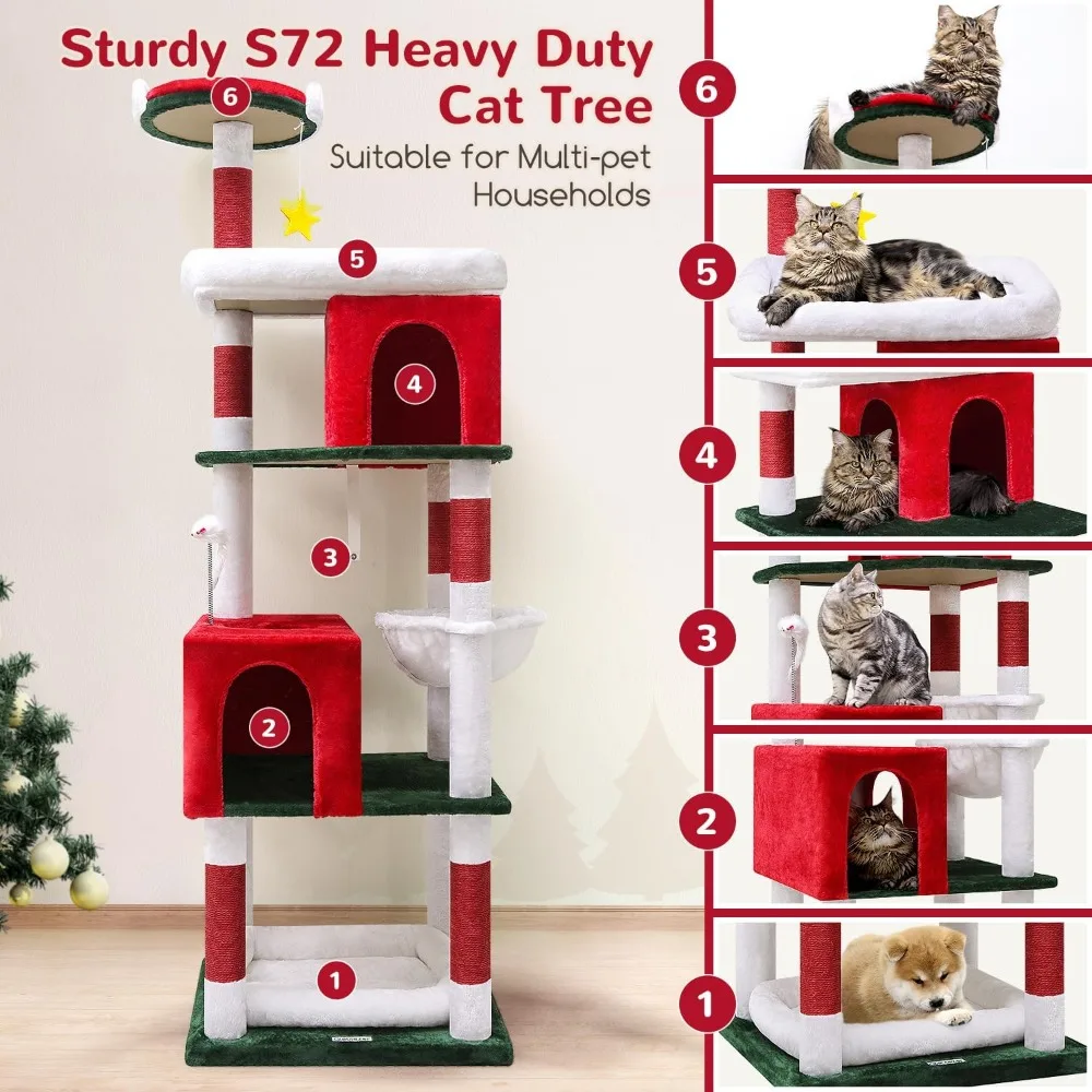 Heavy Duty Christmas Cat Tree for Large Cats, Sturdy 72in Maine Coon Cat Tree for Large Cats 20 lbs+ Festival Heavy