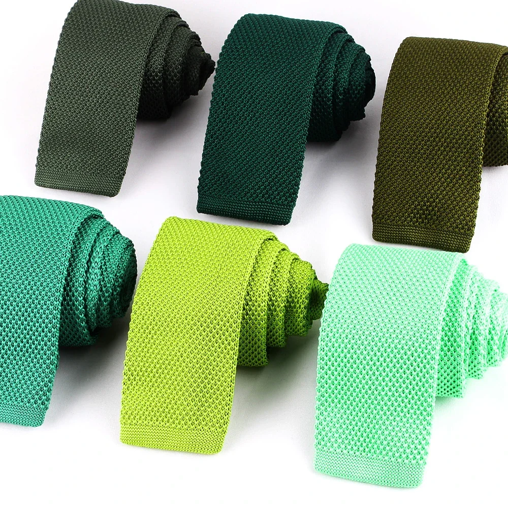 Men's Skinny Knit Tie Green Color Mixed Pattern Casual Necktie Flat-end Knitted Slim Neck Ties For Wedding Self-Tied for Groom