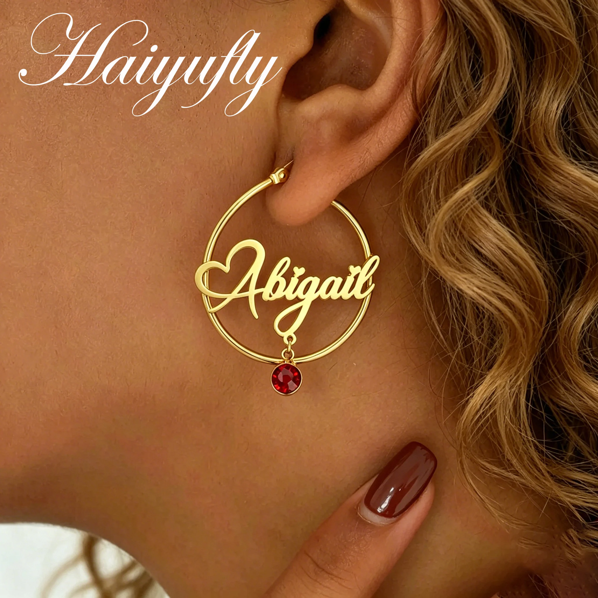 Haiyufly Custom Name Earring for Women Hang Birthstone Loops Stainless Steel Jewelry Personalized Mother Kids Birthday Gift
