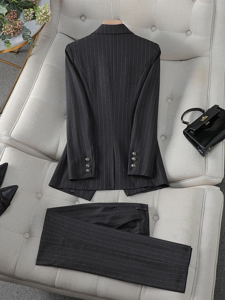 Blue Black Striped Ladies Formal Pant Suit Set Women Female Business Work Wear Long Sleeve 2 Piece Blazer Jacket And Trouser