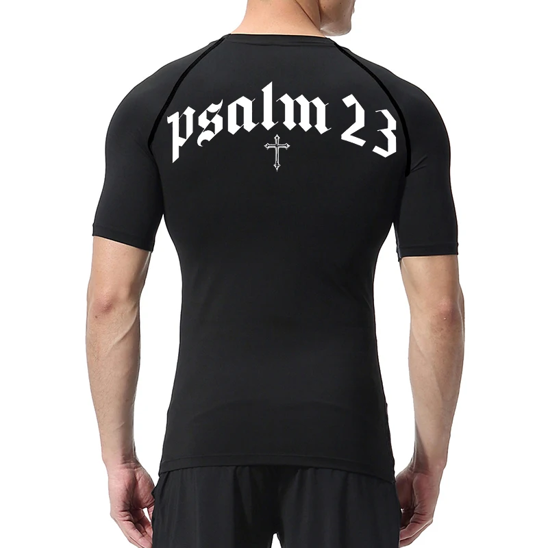 Psalm 23 Cross Print Compression Shirt for Men Sporty Quick Dry Tees Tshirt Tops Gym Workout Fitness Undershirts Baselayers