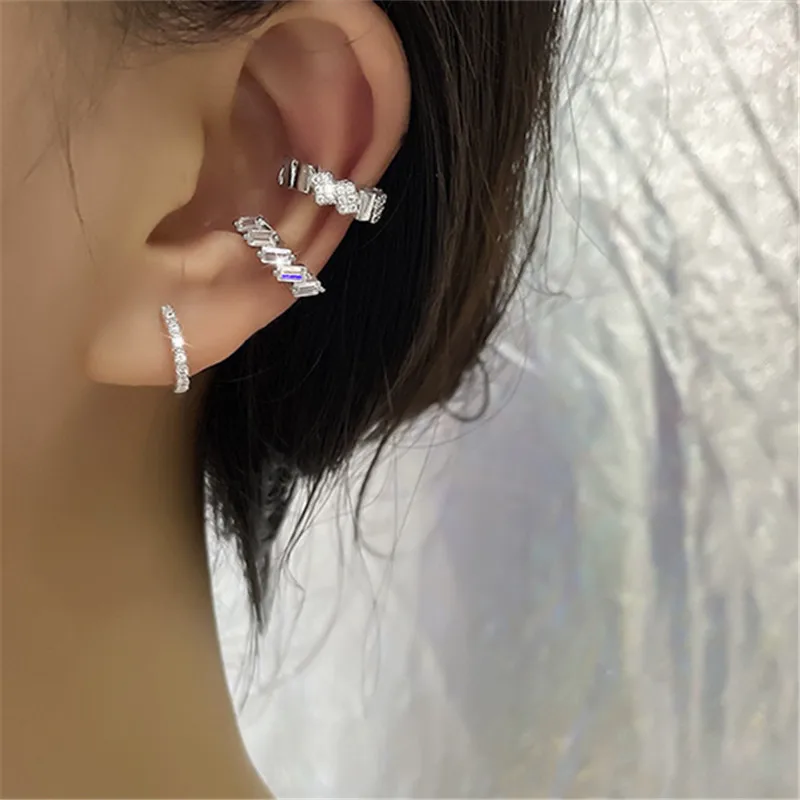 1PC 925 Silver Plated Crystal Geometric No Hole Ear Bone Clip Earrings For Women Fashion Jewelry Party Gift eh218