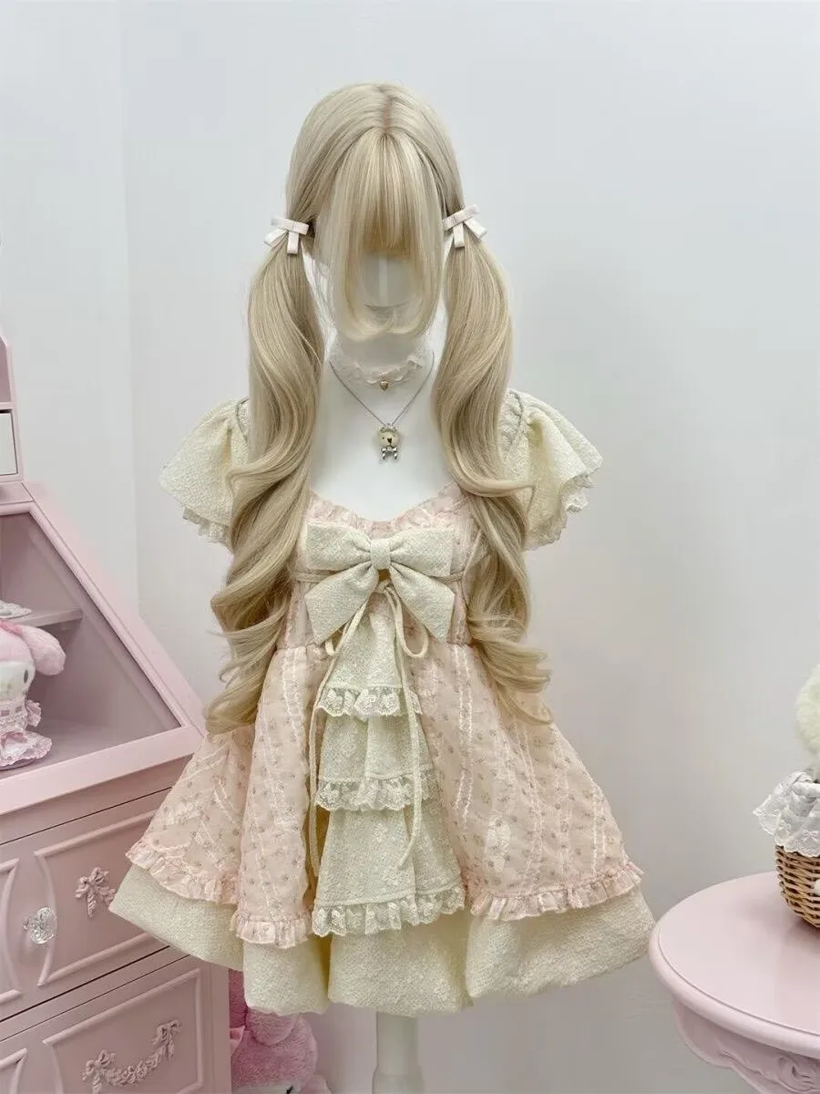 

Japanese Summer New Sweet Lolita 2 Piece Dress Set Women Lace Trim Bow Puff Sleeve Cape + Floral Cami Dress Y2k Mini Dresss Y2k