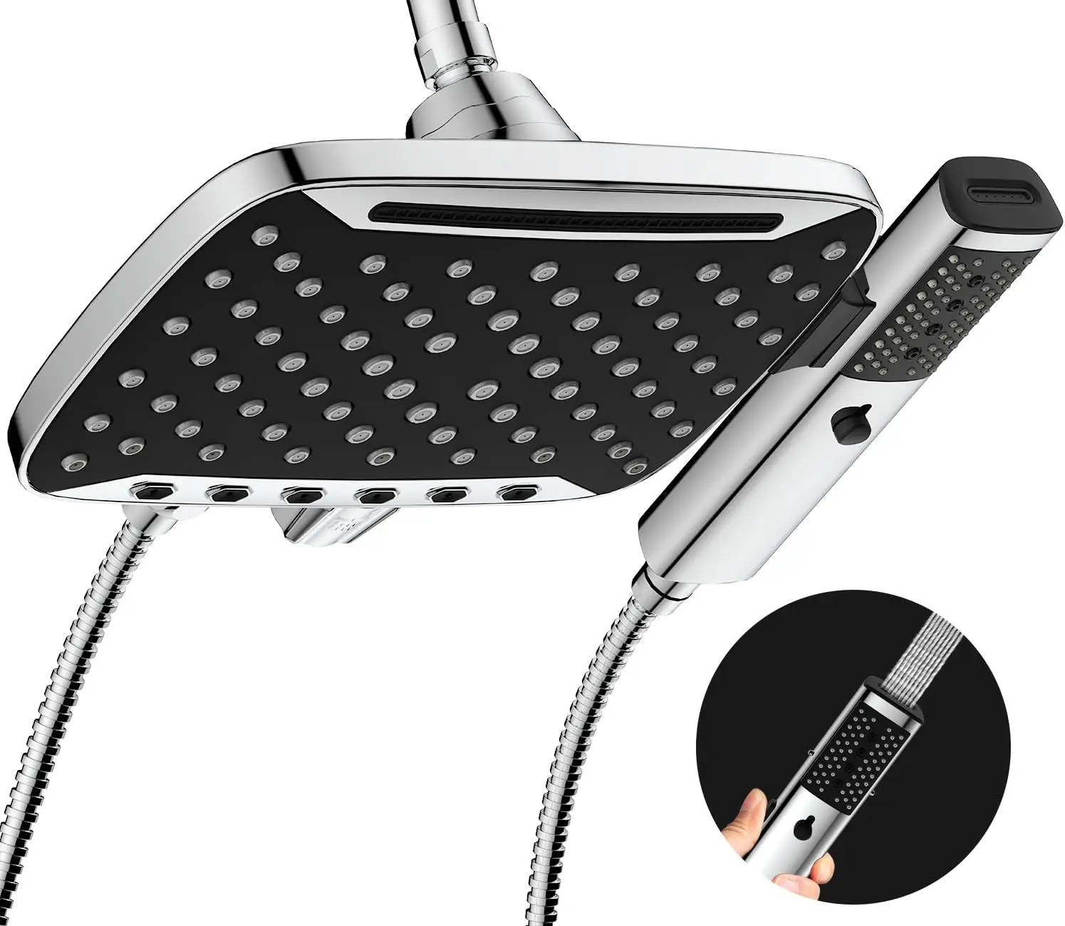 

High Pressure Rain Shower Head with 7 Modes, Dual Spray Combo and Stainless Steel Hose