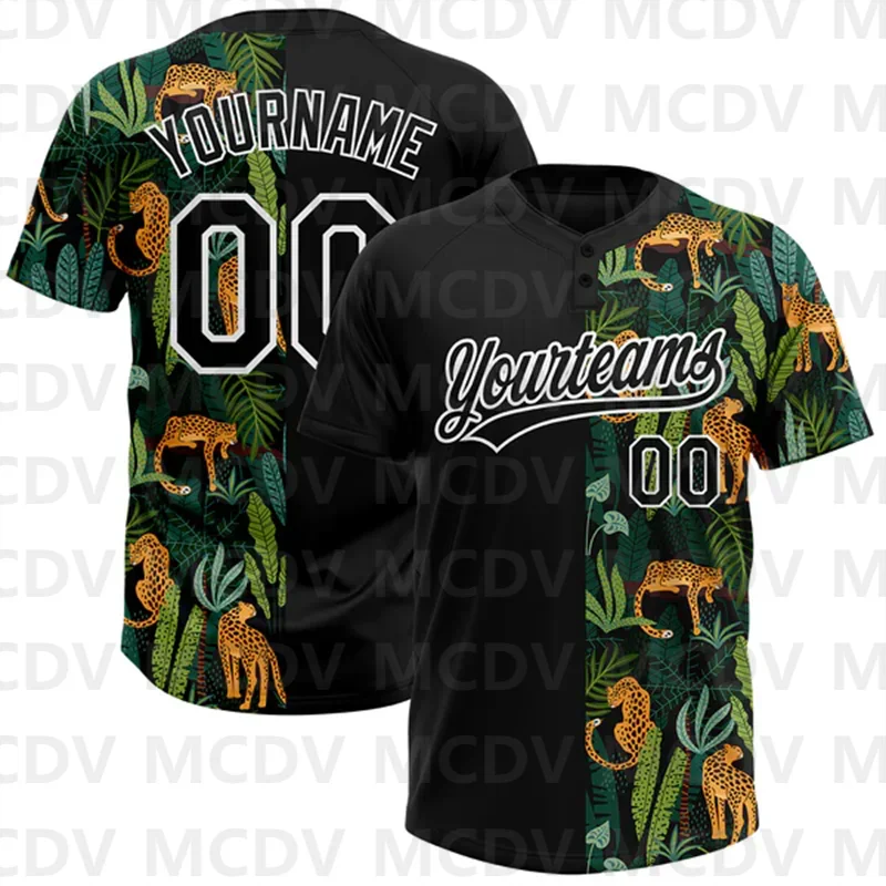 Custom Black Lakes Blue 3D Pattern Hawaii Tropical Palm Leaves Two-Button Unisex Softball Jersey image 6