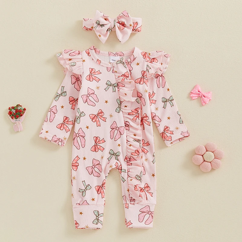 0-6M Autumn Baby Girl Outfit Long Sleeve Bow Print Jumpsuit with Bowknot Headband Baby Clothes