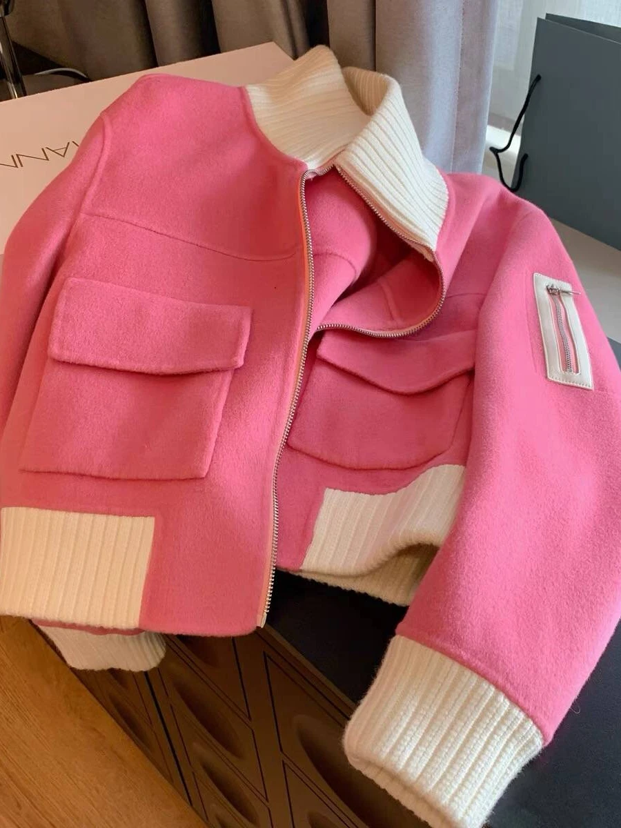 

Sweet Color Blo Design Woolen Baseball Jaet Men's Women's Autumn Winter Faionable Loose Fit Stand Collar Outerwear