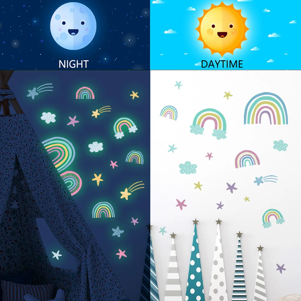 Pegatina de pared luminosa de nubes de arcoíris y estrellas, calcomanías de decoración de habitación de bebé y niño, decoración de fondo de