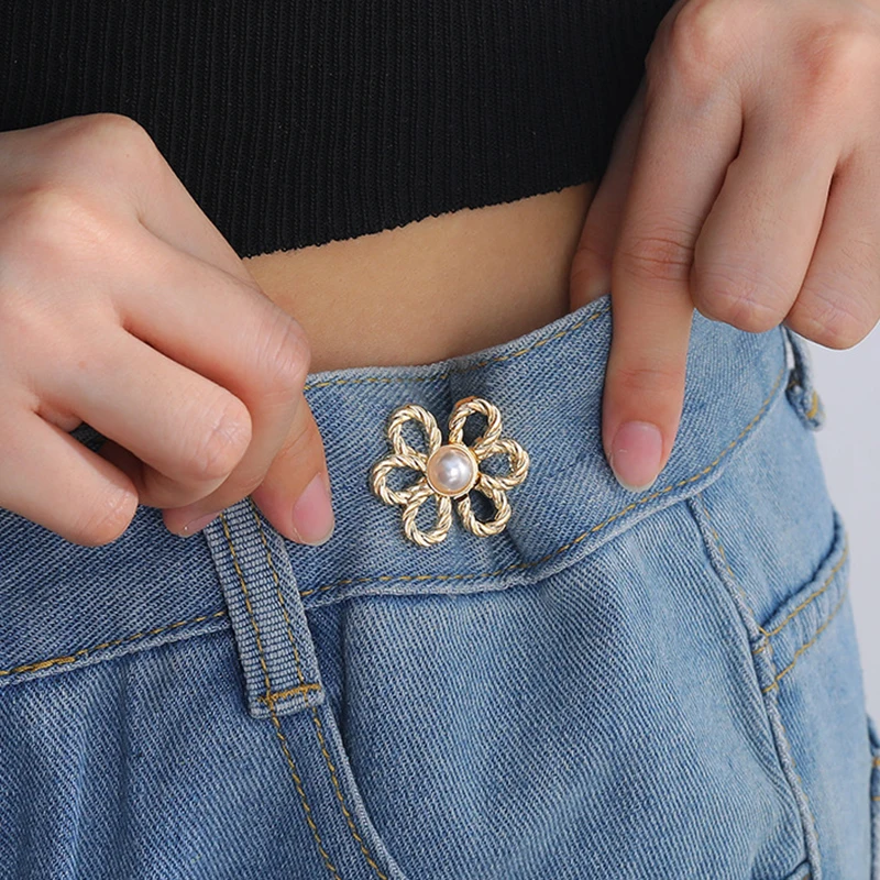 5 pz/lotto fibbia in vita a forma di fiore per le donne ragazze moda regolabile stringere spilla pantaloni staccabili Jeans bottone oro argento