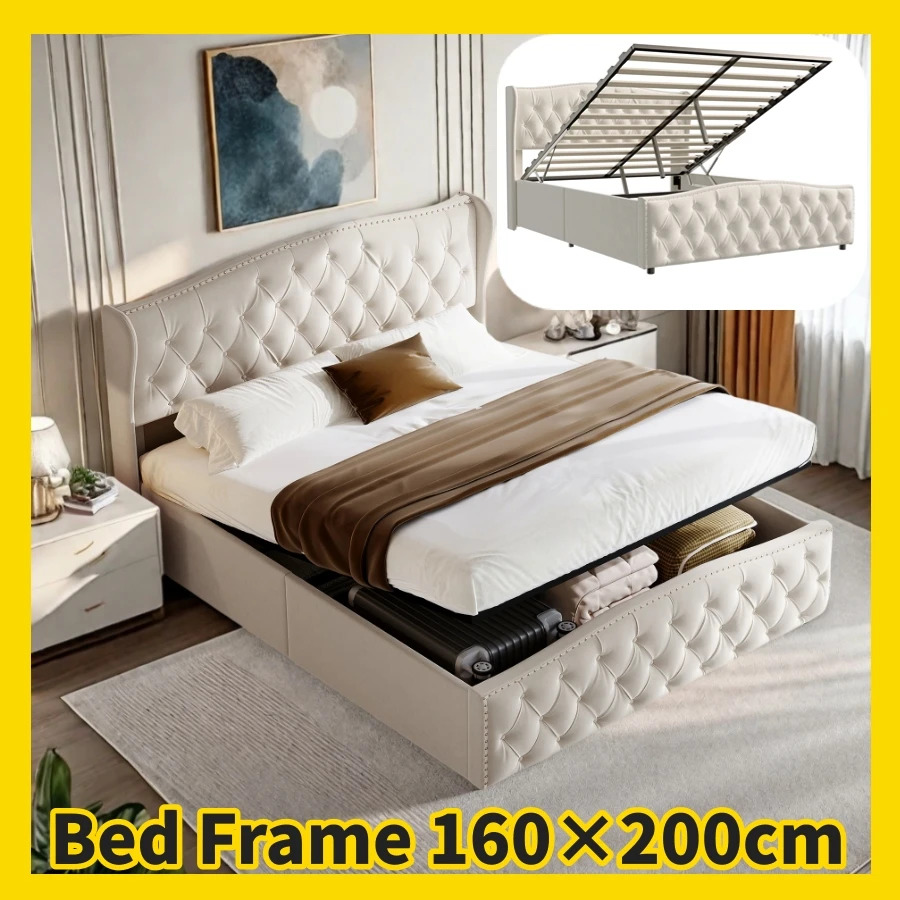 160x200cm Flannel Double Bed Frame,Hydraulic Bed with Storage Space,Rivet Decorated Bedframe,Bed Frame Queen,Beige