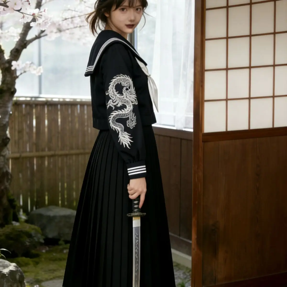 Japanese Dark Goth Punk Sailor Suit JK School Uniform Navy Blue Dragon Embroidery Long Sleeve Set Female Pleated Skirt Outfits view 3