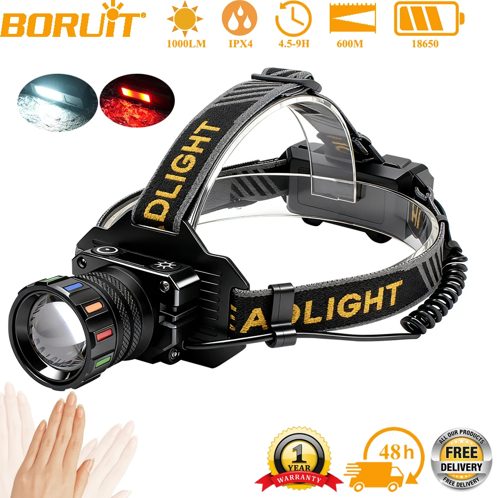 BORUiT 600M Long Throw Motion Sensor Zoom LED Headlamp 1000LM Type-C Rechargeable Headlight Waterproof Camping Head Torch