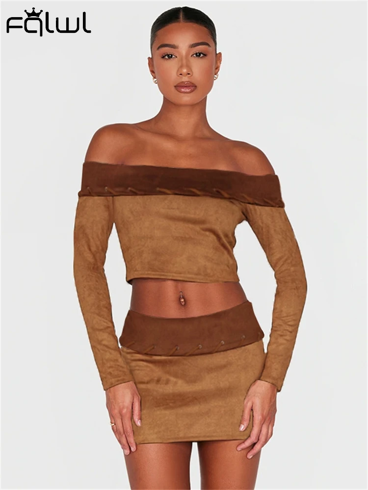 Habbris Winter Brown Faux Suede Contrast Two Piece Set Concert Party Outfits Women 2024 Off Shoulder Foldover Crop Top Skirt Set