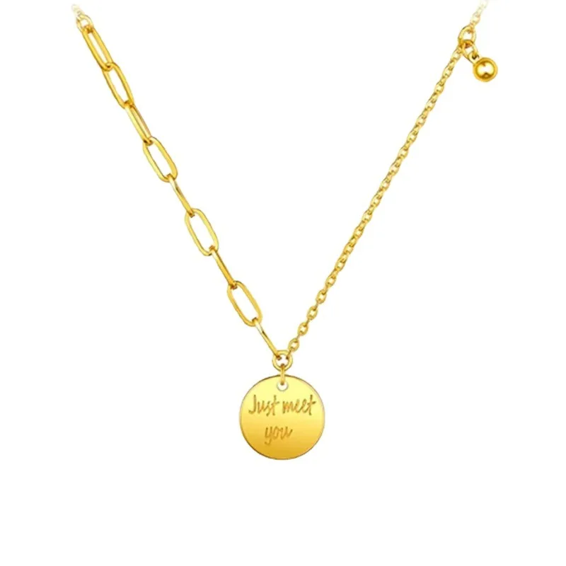 النمط الأوروبي والأمريكي 9999 24K الذهب الحقيقي قلادة مستديرة رسائل قلادة مستديرة تيشيرت صيفي سلسلة مجوهرات