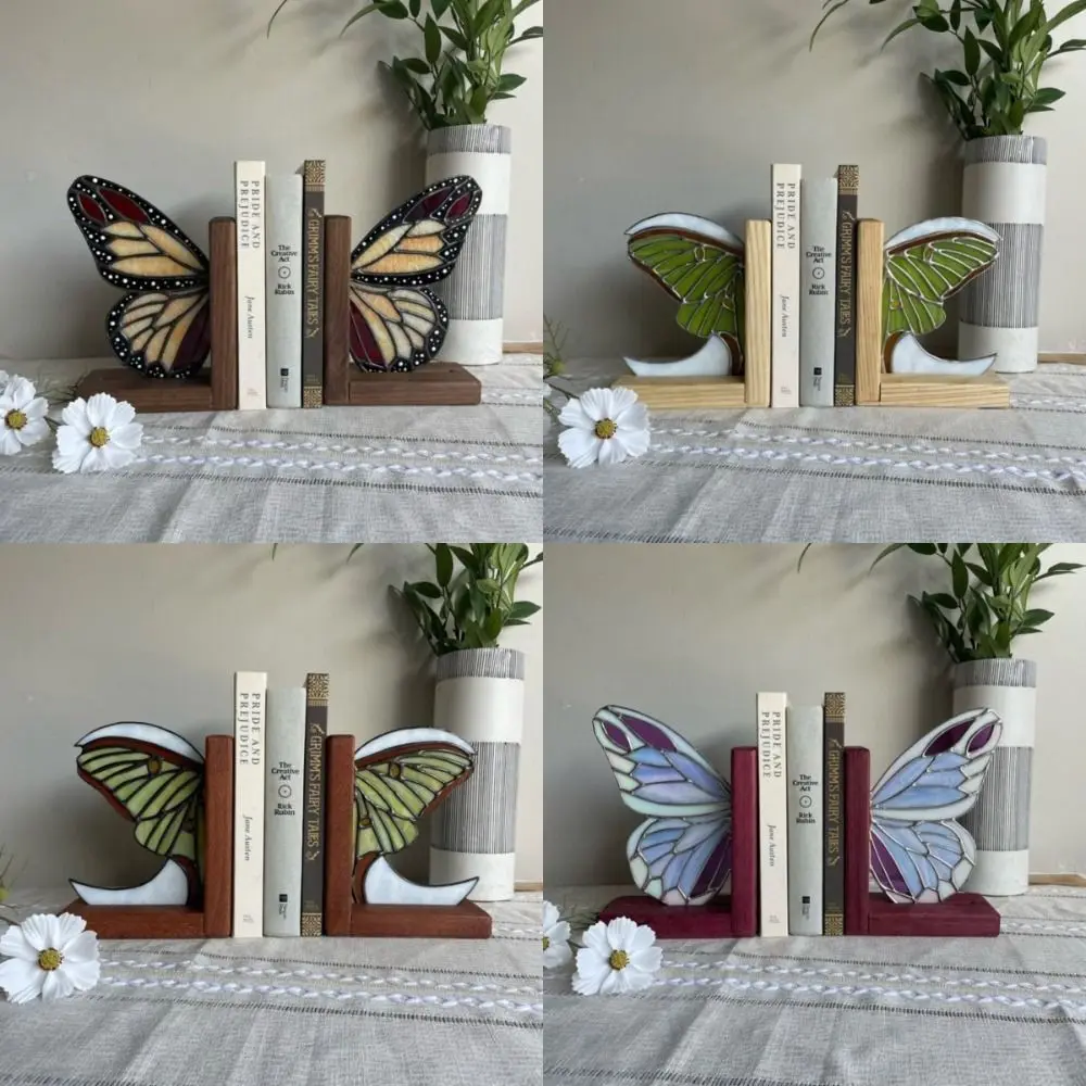 Unique Iridescent Glass Butterfly Wing Bookends Wooden Non-Skid Book Stopper Creative Book Ends Holder Home Office Decorative