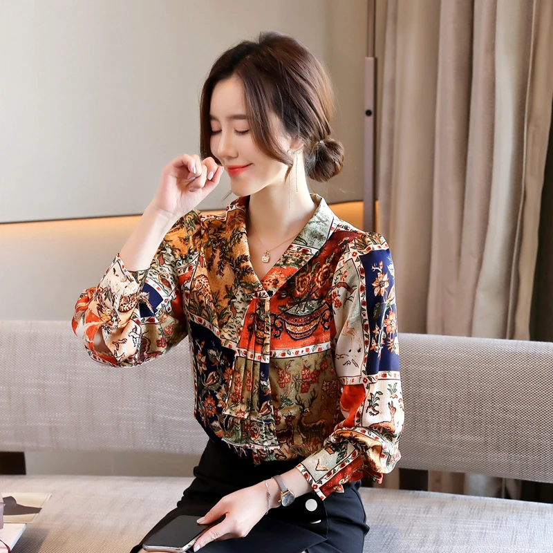 

Autumn New Unique Fake Tie Long Sleeve Blouse Fashion Loose Casual Office Lady Chiffon Shirts Women Clothing Vintage Printed Top