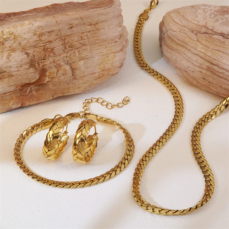 Cadena de látigo dorada Simple, collar con orejas de trigo, pendientes, pulsera, conjunto de joyería de acero inoxidable 304, joyería Donna Lusso