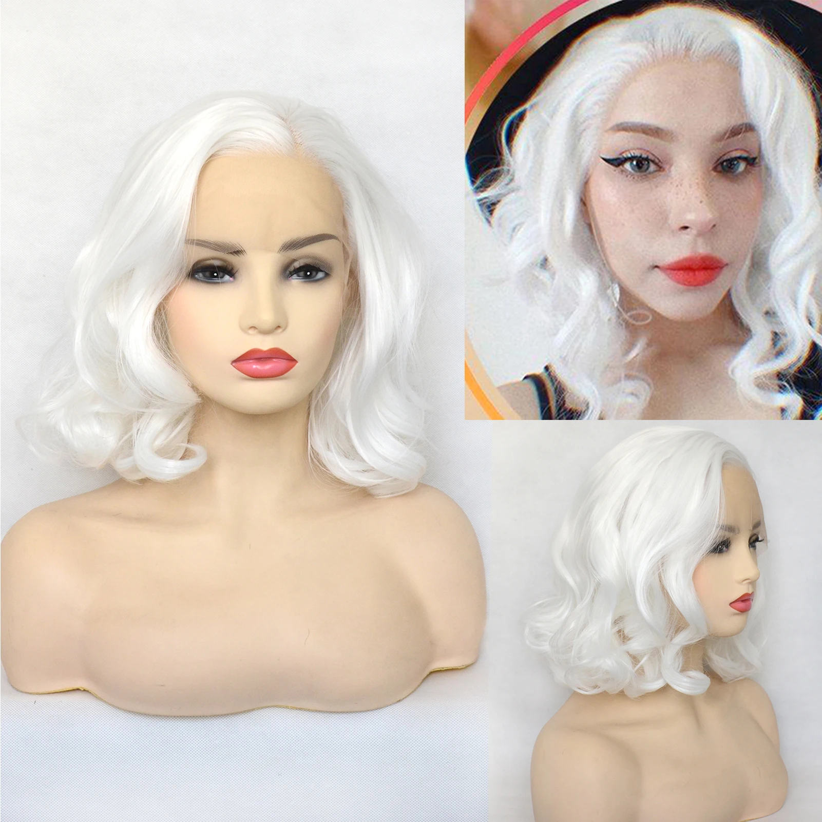 Voguebeauty Platinum White Bob Wigs Synthetic Lace Front Wave Wig Heat Resistant Fiber Natural Hairline Cosplay For Women