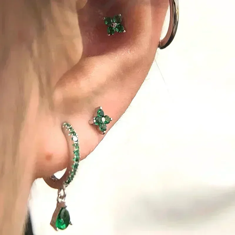 Florato 925 Sterling Silver Ear Needle Turquoise Silver Series Hoop Drop Earrings For Women Vintage green Zircon studs Jewelry