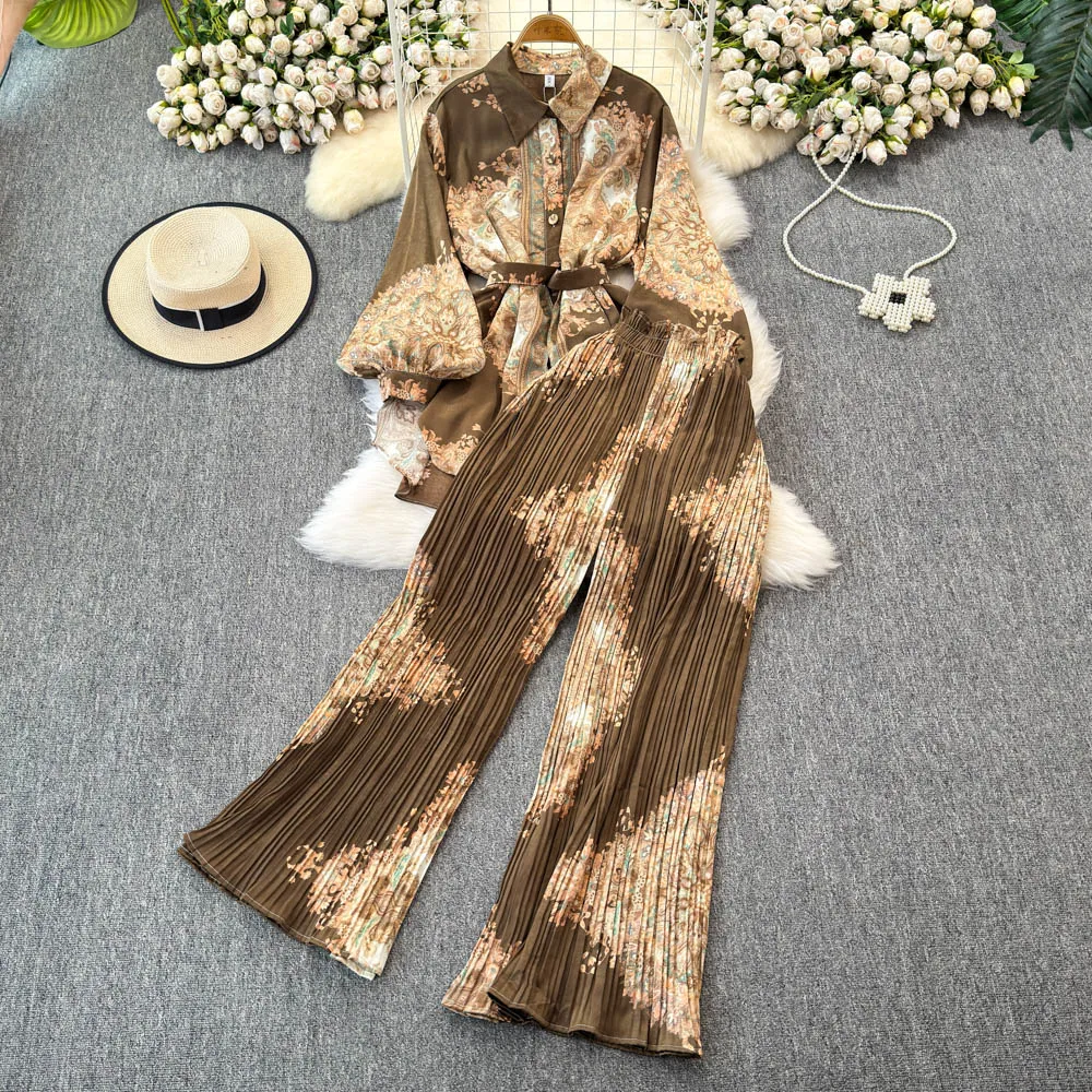 Women's Loose Lantern Sleeve Print Shirt Casual High Waist Pleated Cropped Wide-leg Pants Two-piece Set Fashion Autumn 2024 New