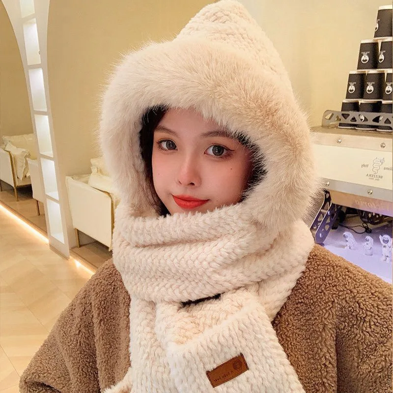 Winter Hat Scarf Gloves Mask Sets Cute Bear Embossed Plush One Piece Beanies Bear Embroidery Masks Warm Thicken Windproof Bonnet