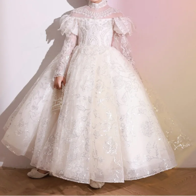 Customized Stand Collar Embroidery Princess Dresses Mesh Patchwork Robe Long Sleeve Birthday Party Vestidos Temperament Flower G