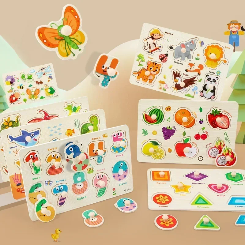 My First Wooden Peg Puzzle Toy Pack for Toddler 2 3 Years Old Early Learning Numbers Animals Preschool Shape Match Board Game Christmas Gift