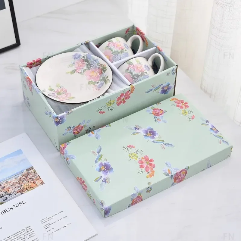 Japanese Flower Mug Cup and Plate Set, Countryside Style Colorful Pair of Coffee Cup and Rice Bowl Gift Box Bubble Tea Cup